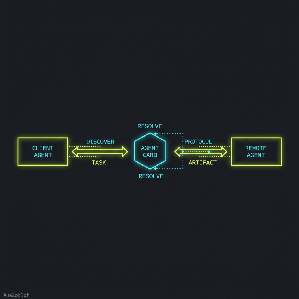 Agent2Agent Protocol (A2A) architecture diagram showing the A2A protocol flow: Open protocol enabling AI agents to discover, communicate, and collaborate with each other.